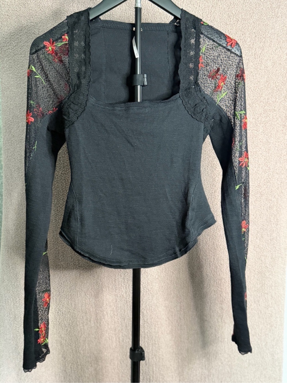 Free People Black Floral Embroidered Lace Long Sleeve Square Neck Top M
